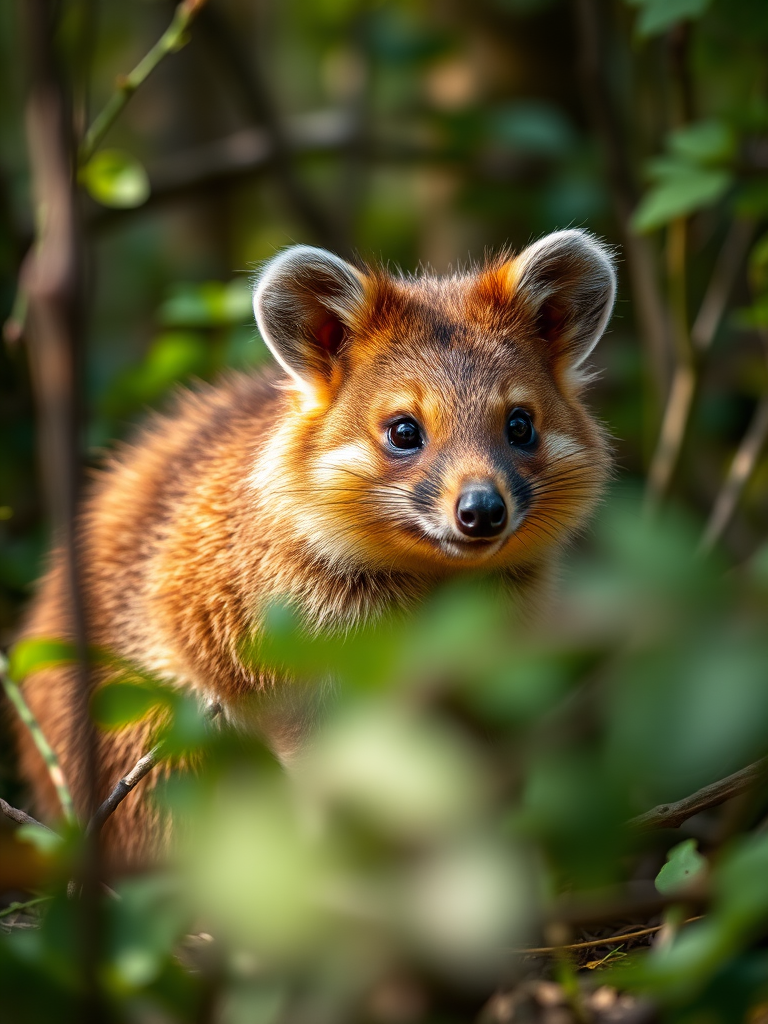 quokka in a dense, lush forest environment, captured with a shallow depth of field, ISO 200, f/2.8, 1/125s, 50mm lens, natural lighting, macro photography style, DSLR camera