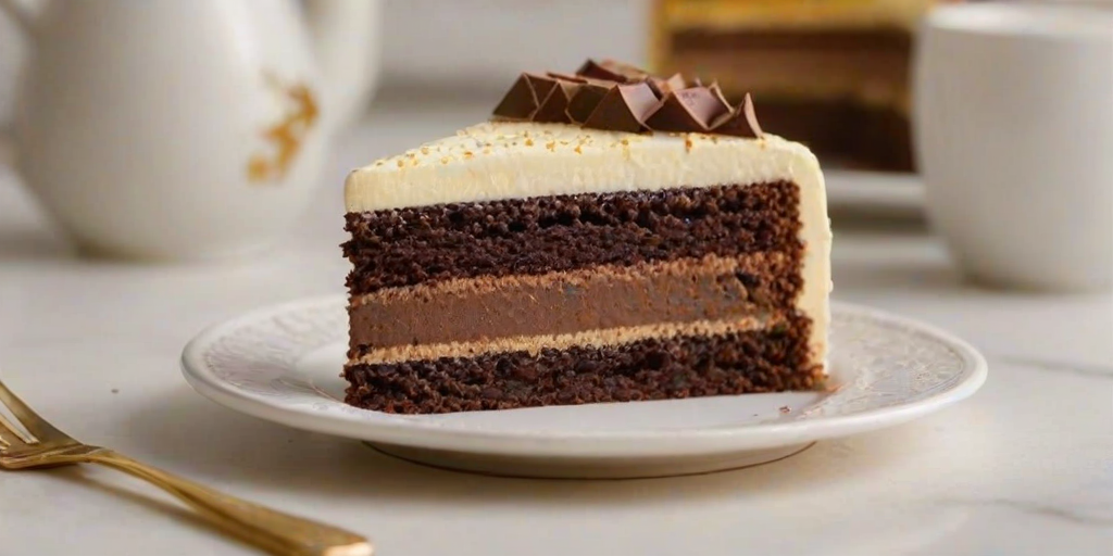 Create an image of a slice of layered chocolate and vanilla cake with a smooth frosting on top. The cake should have visible layers of rich chocolate filling and be decorated with a decorative pattern on the frosting. Place the slice on a white plate with a gold fork beside it, and include a blurred background of a modern kitchen setting.
