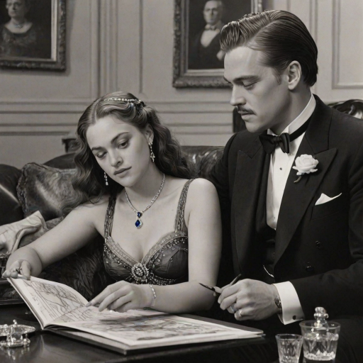 A hyperdetailed photorealistic black and white pencil sketch of the scene from the film Titanic where Jack is sketching Rose's portrait on his art pad as she reclines on the couch, wearing a bright sapphire blue diamond necklace with a heart-shaped diamond. The drawing on his art pad resembles Rose. Both Rose and the drawing of Rose are shown in the same image.