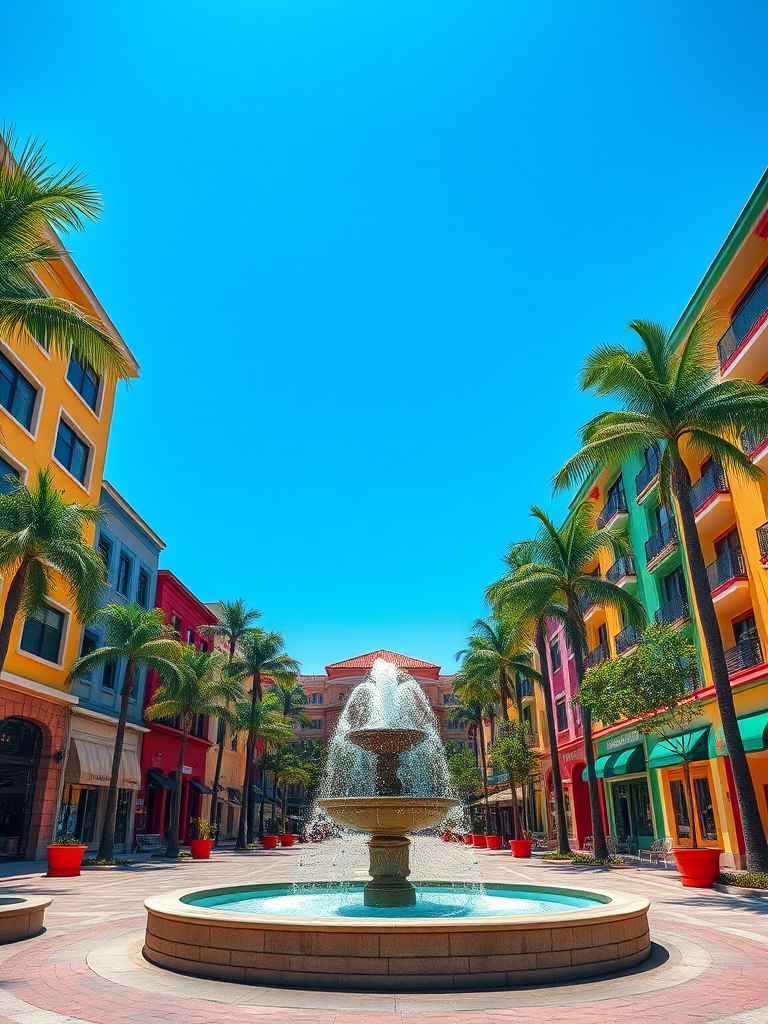 Regenerate the image of a vibrant urban plaza with colorful buildings, palm trees, and a fountain under a bright blue sky, captured with a DSLR camera, 24mm lens, f/8 aperture, ISO 100, in HDR style for enhanced detail and color richness.