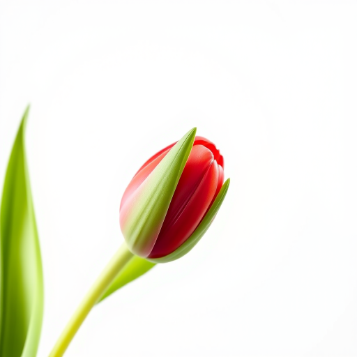 Create a high-resolution image of a single red tulip with green leaves against a white background, using a Canon EOS 5D Mark IV camera, with a 50mm f/1.8 lens, aperture set to f/2.8, ISO 100, and a shallow depth of field to enhance focus on the flower.