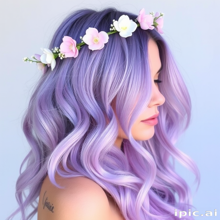Luscious lavender ombre fading into soft pastel blue, styled in loose beachy waves with delicate flower crown accents, evoking a dreamy ethereal look named Twilight Bloom