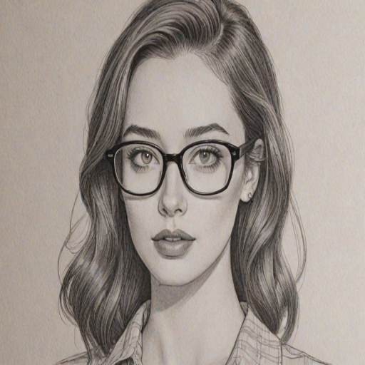 Captivating Emma Dumont, pencil sketch, portrait of Gorgeous woman 1955s in glasses, hair style beatnik, outline, clear lines, fine lines, 8k