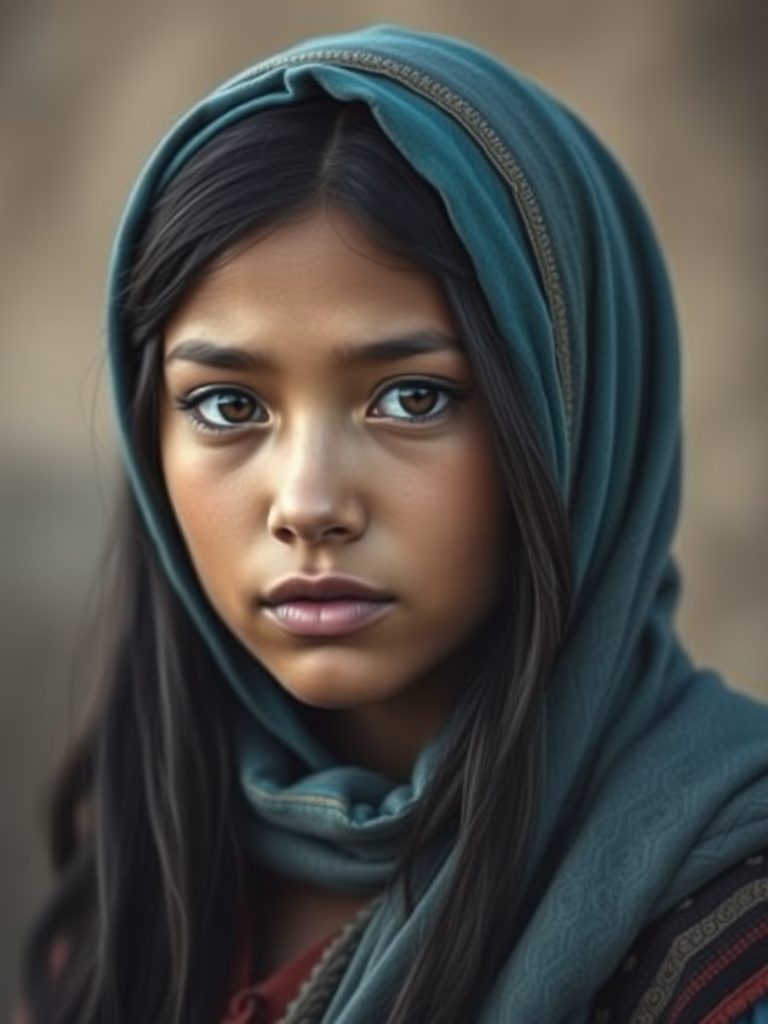 Create a portrait of a young Inca female with long, dark hair and captivating hazel eyes. She is wearing a cyan headscarf and a matching scarf draped gracefully around her neck. The background is softly blurred, focusing attention on her serene and natural expression. The overall color palette is muted and warm, enhancing the intimate and authentic feel of the portrait.