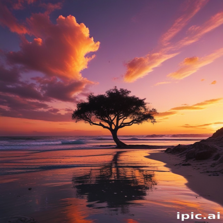Serene Sunset Over the Ocean with a Lone Tree Silhouette
