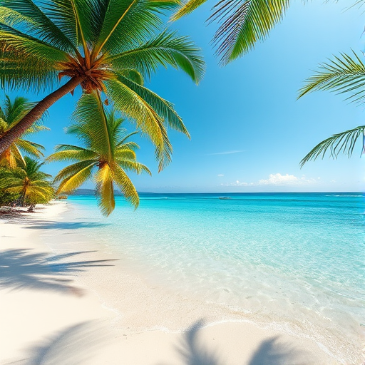 a serene beach scene with clear blue waters and a bright sky, framed by lush palm trees, shot with a Canon EOS 5D Mark IV, aperture f/8, shutter speed 1/200s, ISO 100, with a wide-angle lens at 24mm for enhanced depth and clarity.