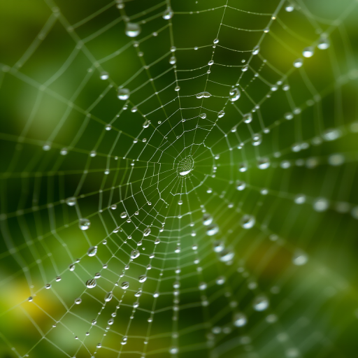 macro shot of a spider web covered in dew drops, f/5.6 aperture, 1/200s shutter speed, ISO 100, 50mm lens, natural light, shallow depth of field, focus on the web with a blurred green background