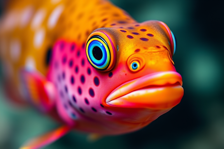 a vibrant close-up of a colorful fish with bright blue eyes and polka dots, underwater setting, 50mm lens, aperture f/2.8, ISO 200, soft bokeh background, natural lighting, high resolution, macro photography