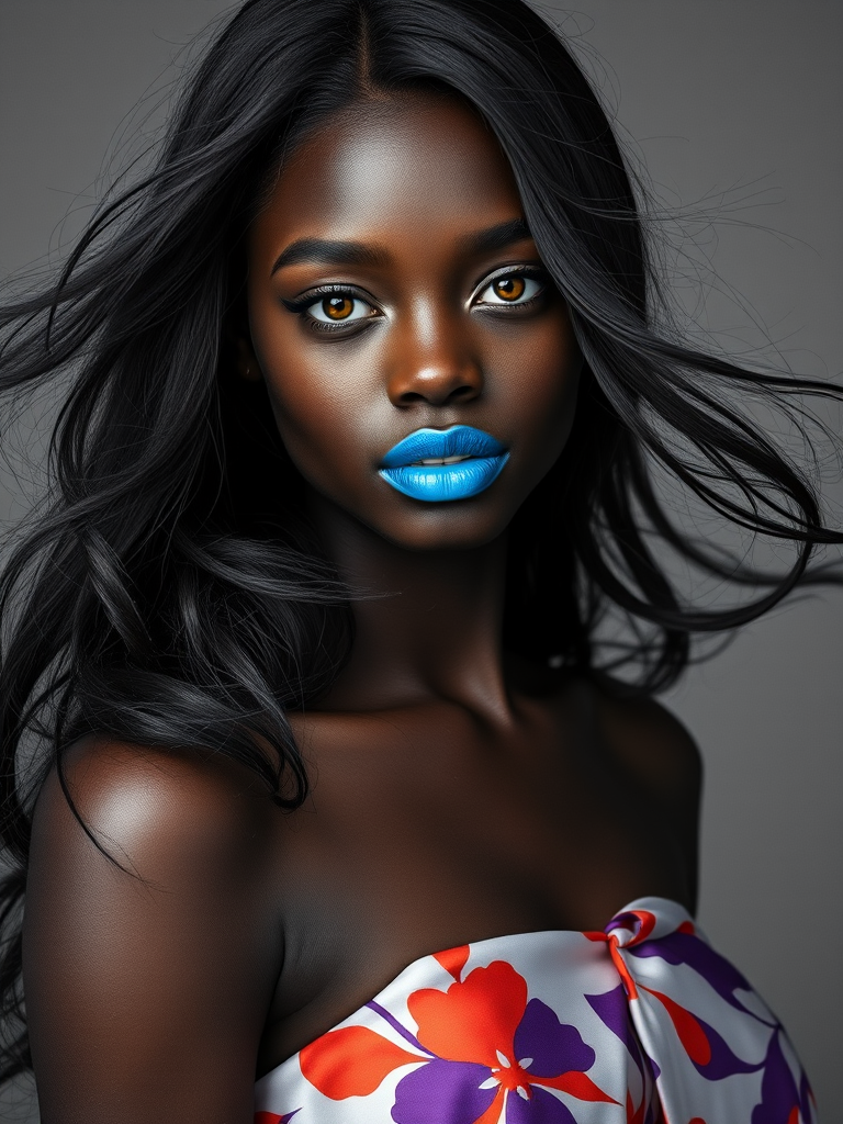 Photographic image of a beautiful young Afro-Caribbean woman, Yellow eyes, lips with cyan lipstick, long hair fluttering in the wind and wearing a silk strapless dress with a soft purple and orange print. monochrome image with only color highlights in the iris of the eyes, lipstick and dress. Gray background.