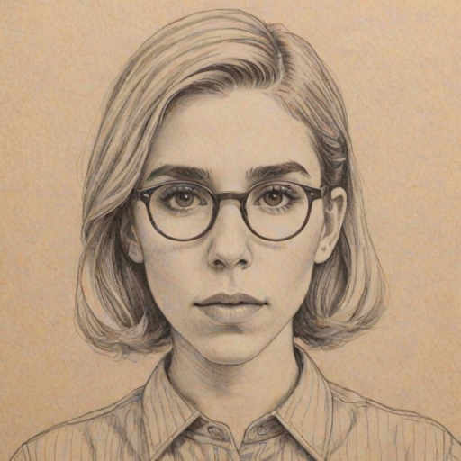 Delightful Zosia Mamet, pencil sketch, portrait of Fetching woman 1934s in glasses, hair style beatnik, outline, clear lines, fine lines, 8k