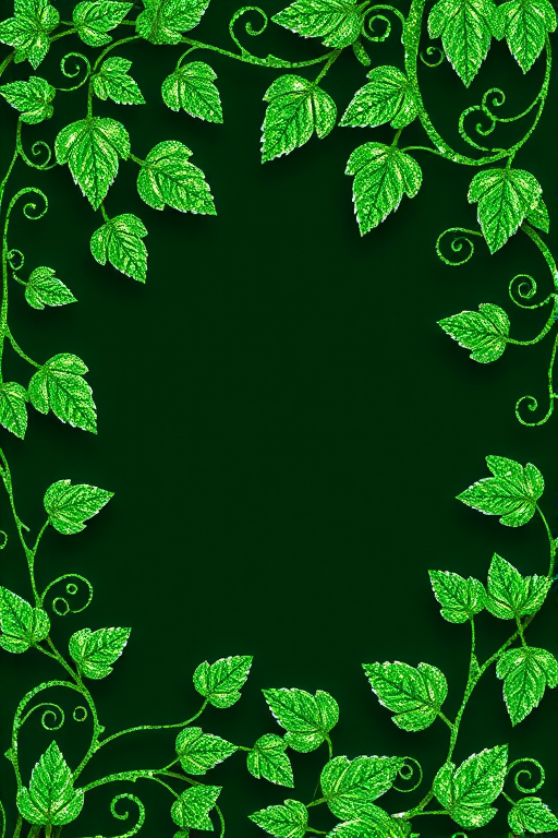 create a glittery green leafy border design with intricate vines and swirls in high resolution, using a macro lens, f/2.8 aperture, ISO 100, 50mm focal length, captured with a DSLR camera, soft natural lighting to enhance vibrancy and detail