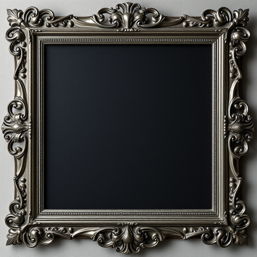 Create a high-resolution black canvas image framed in an ornate silver frame captured with a DSLR camera at f/1.8 aperture, 50mm lens, ISO 200, 1/125 shutter speed, overhead view, natural lighting for enhanced clarity and depth.