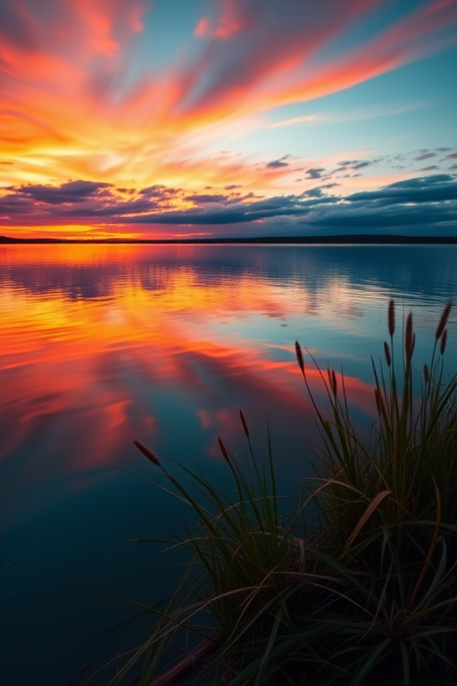 Create a high-resolution image of a vibrant sunset over a calm lake, captured with a DSLR camera at f/8 aperture, ISO 200, 1/125s shutter speed, wide-angle lens, with a soft focus to enhance depth.