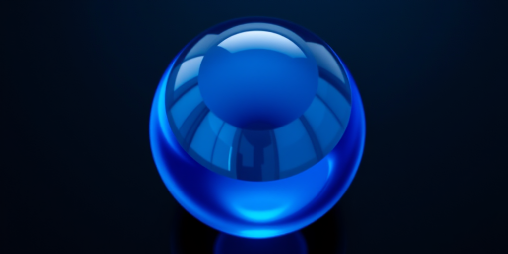 Create an ultra-realistic image of a shiny blue orb with reflections, using a DSLR camera, 50mm lens, f/1.8 aperture, ISO 100, shot from a slight above angle, with soft lighting to enhance depth and clarity.