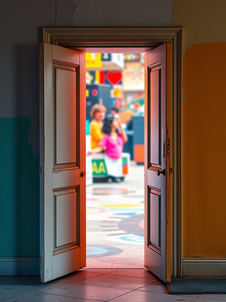 Create an image of an open double door leading into a vibrant, abstract space with a mixture of colors and patterns visible through the doorway, captured with a Canon EOS 5D Mark IV, 24mm f/1.4 lens, aperture set to f/4, ISO 100, and a slight vignette effect for depth.