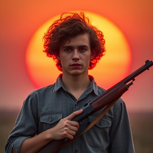 A portrait of a young man with curly hair standing against a large orange sun, holding a vintage rifle, shot with a Canon EOS R5, 50mm lens, f/1.8, ISO 100, soft focus background, high dynamic range.