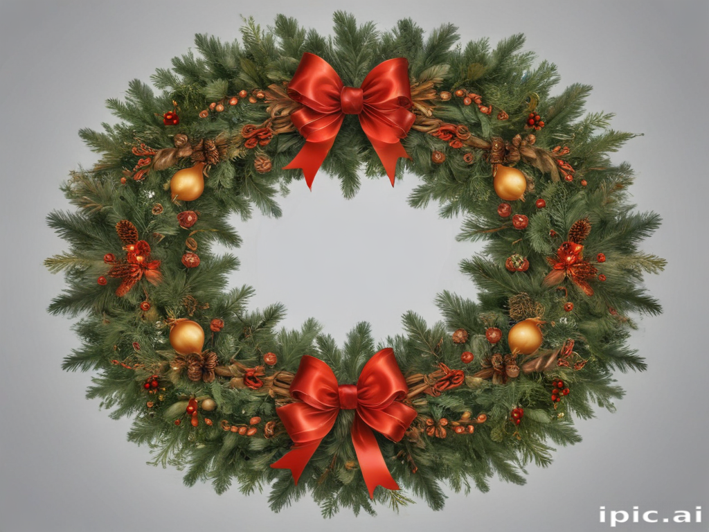 A Festive Christmas Wreath Adorned with Red Bows and Ornaments.