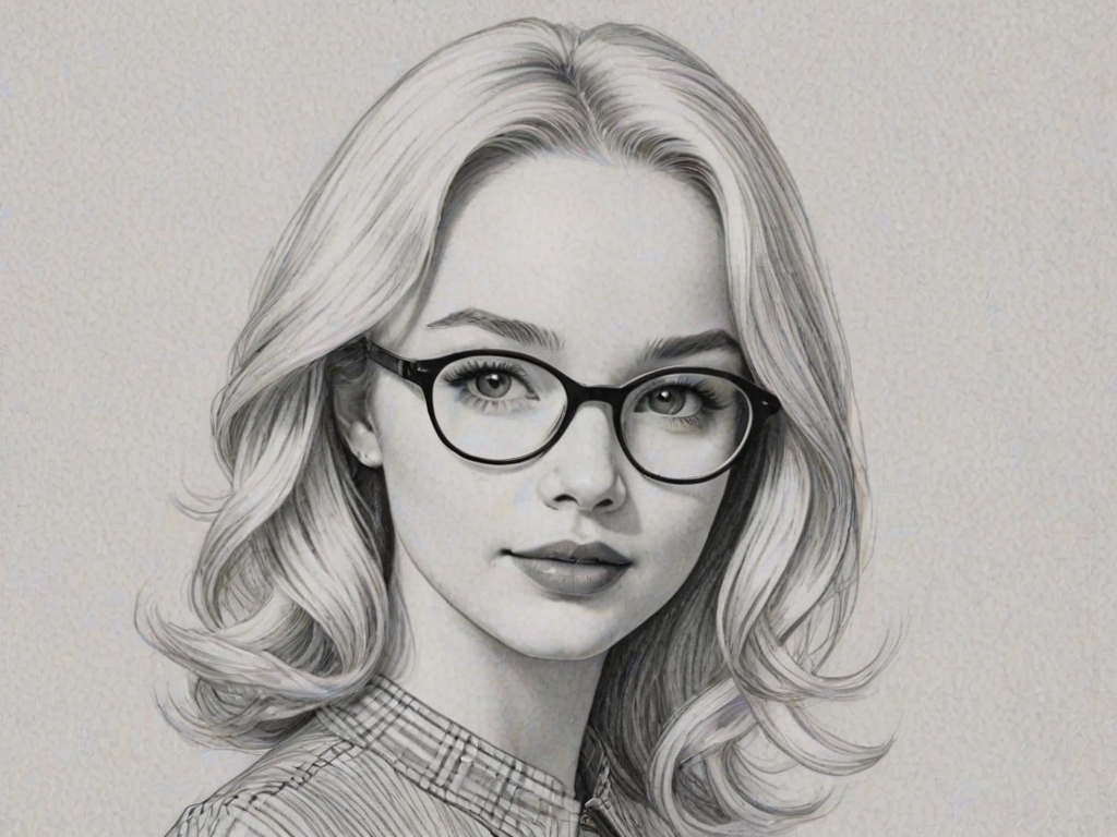Fetching Dove Cameron, pencil sketch, portrait of Ravishing woman 1957s in glasses, hair style beatnik, outline, clear lines, fine lines, 8k