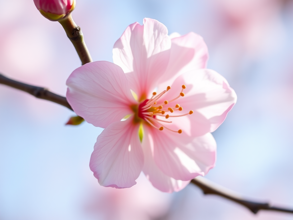 Capture a close-up of a delicate cherry blossom flower in soft natural light, with a shallow depth of field, using a DSLR camera with a 50mm f/1.8 lens, ISO 100, aperture f/2.8, and a shutter speed of 1/250 sec to enhance detail and vibrancy.
