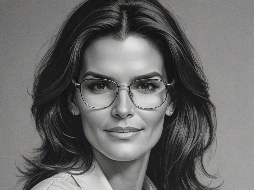 Beauteous Angie Harmon, pencil sketch, portrait of Ravishing woman 1979s in glasses, hair style beatnik, outline, clear lines, fine lines, 8k