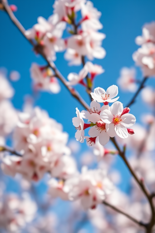 Cherry blossoms in full bloom against a bright blue sky, soft focus background, macro view, shallow depth of field, f/2.8 aperture, 50mm lens, ISO 200, natural light, DSLR camera