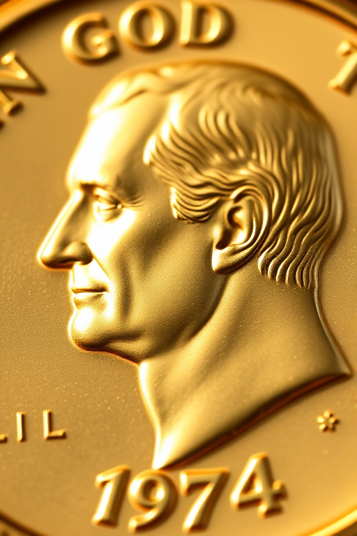 Create a high-resolution close-up of a gold coin featuring the profile of a historical figure, with the text "IN GOD WE TRUST," "LIBERTY," and the year "1974" clearly visible, using a DSLR camera set to f/2.8 for a shallow depth of field, ISO 100, and 1/125 sec shutter speed, shot in natural light from a 45-degree angle for optimal detail and texture.
