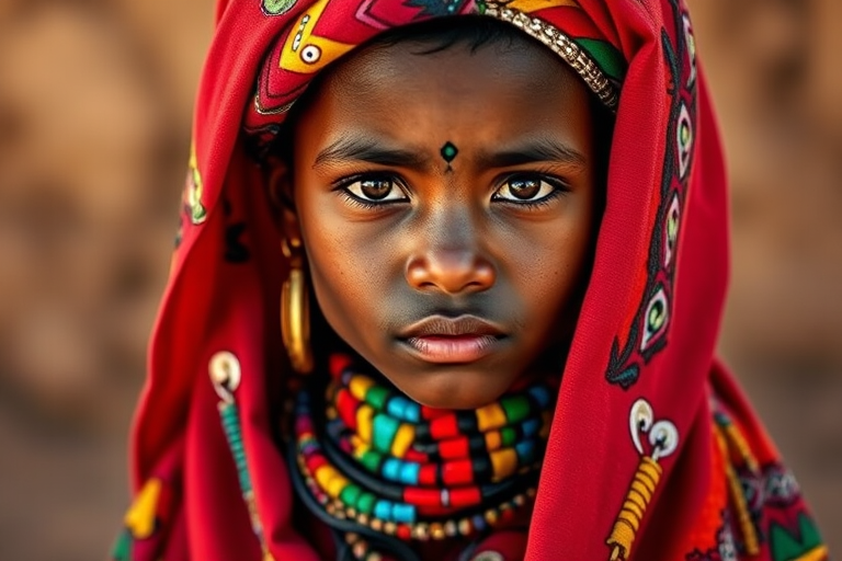 A beautiful Tuareg girl, wearing colorful bird clothing with vibrant colors