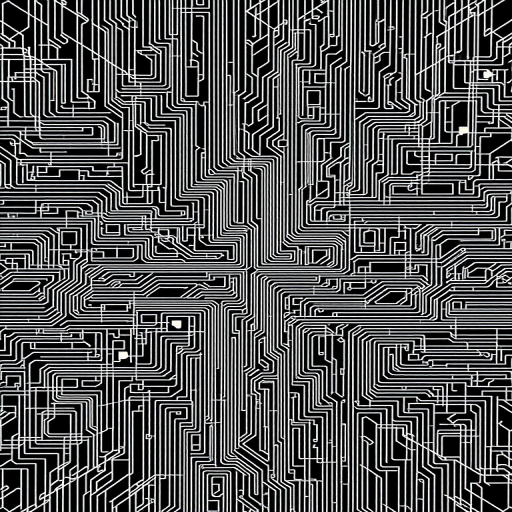 Generate a high-resolution abstract pattern of interconnected lines and shapes resembling a complex maze, captured with a DSLR camera at f/8 aperture, ISO 100, 50mm lens, in natural lighting with a slight overhead angle for depth.