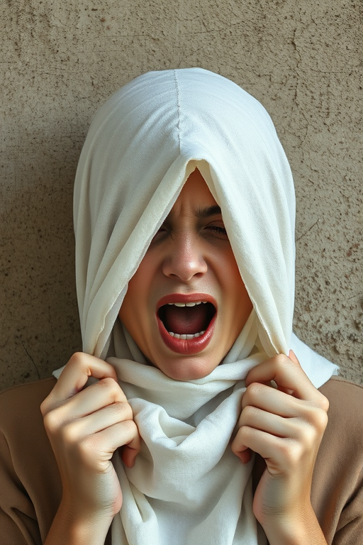 Create a close-up photographic image of a Romani woman with light skin tones shown against an old, worn wall. Their head is wrapped in a white cloth covering (i.e.... parts of the head except the nose and mouth, which are open as if they are screaming...), with a slight texture and visible folds in the fabric. Thin strands of blonde hair escape from the wrapping above, falling lightly at the top and sides. Their hands hold the fabric as if they are tugging nervously. The lighting is dramatic and even, casting strong shadows. The image has a minimalist and surreal style with an emphasis on simplicity with soft color tones. The composition is centered.