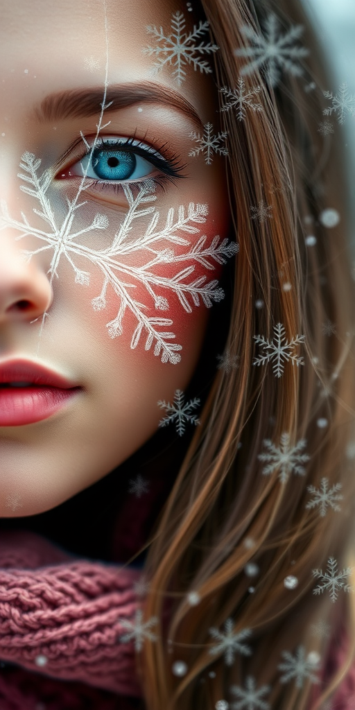 Generate a high-resolution artistic portrait featuring a woman's face blended with intricate snowflake and tree branch designs, captured with a DSLR camera at f/1.8, ISO 100, 50mm lens, natural lighting, and a shallow depth of field to enhance detail and texture.