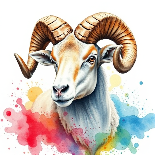 watercolor illustration of a majestic ram with large curled horns, vibrant splashes of color around, soft focus background, taken with a Canon EOS R5, 50mm lens, aperture f/1.8, ISO 100, natural light