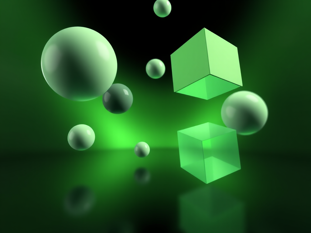 Generate a 3D abstract image featuring floating geometric shapes like spheres and cubes with a glowing green and black background, use a Canon EOS 5D Mark IV, aperture f/8, ISO 100, 50mm lens, and a high dynamic range setting for enhanced details.