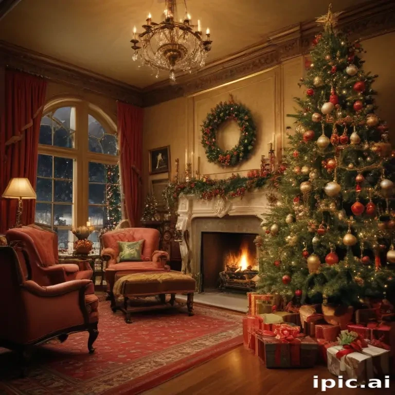 A Cozy Christmas Living Room Decorated with a Beautiful Tree and Presents