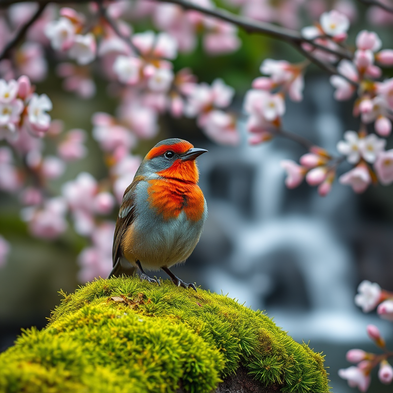 A close-up of a colorful bird perched on a moss-covered branch, surrounded by cherry blossom trees with soft pink flowers, a serene waterfall in the blurred background, taken with a DSLR camera at f/2.8, ISO 200, 85mm lens, using a shallow depth of field for a creamy bokeh effect.