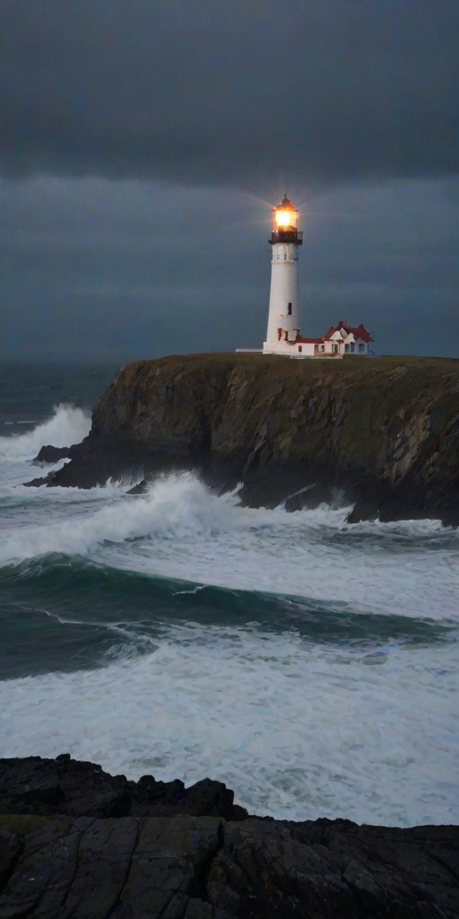 Low-light shot of a solitary lighthouse on a rugged coastline at dusk, the beacon casting a warm glow over crashing waves, with distant cliffs barely visible through soft mist and a stormy sky overhead.