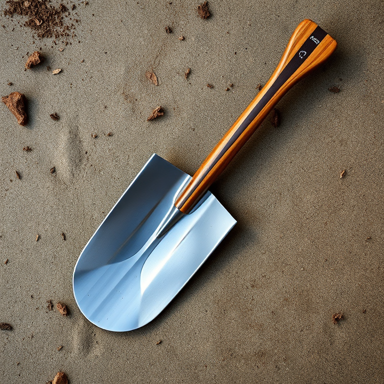 Create a high-resolution image of a flat-edged shovel with a long wooden handle, captured with a DSLR camera at f/8 aperture, ISO 100, 50mm lens, top-down view, using natural lighting to enhance details and texture.