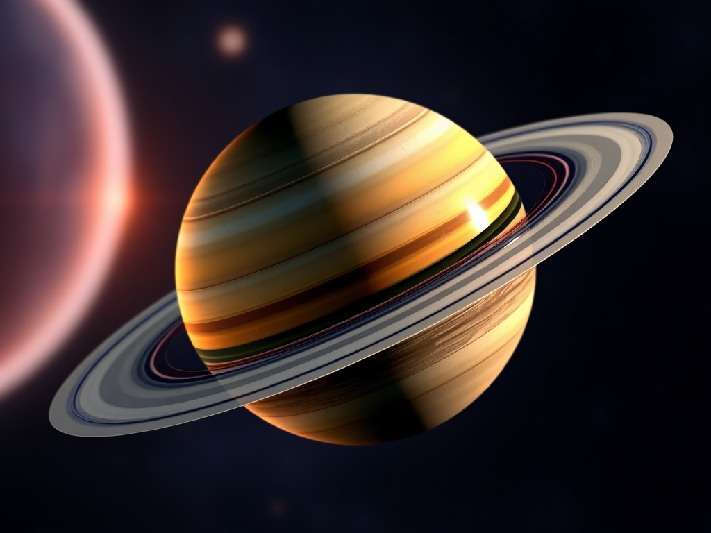 Create a highly detailed digital illustration of Saturn, showcasing its vibrant rings and colorful bands, with a focus on depth and shading, using a DSLR camera with a 50mm lens, f/1.8 aperture, ISO 100, and a shallow depth of field to enhance clarity and vibrancy.