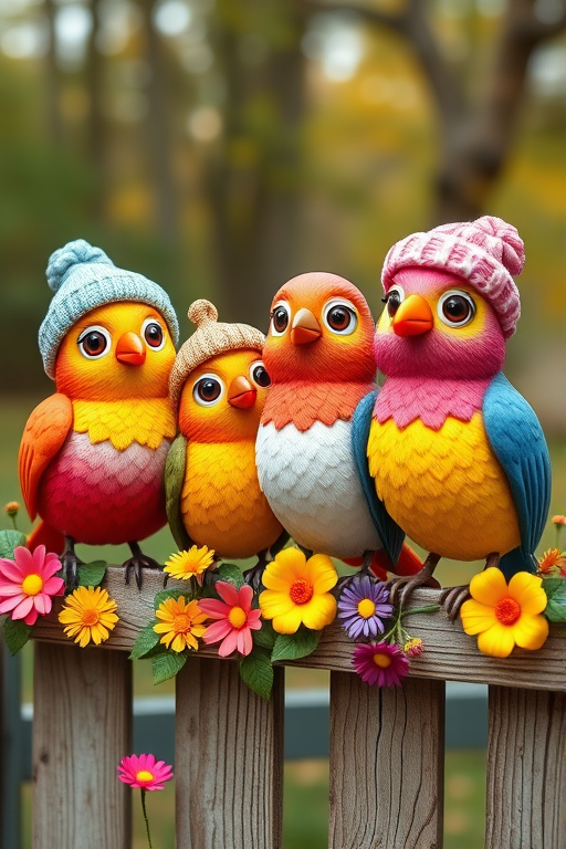 create a scene of 4 quirky  whimsical colourful comical birds each with a funny expression. they are sat on a wooden fence with colourful flowers. they are all different sizes. each one is a different colour  one is wearing a woolly hat. Each one has a different quirky google expression and there is a muted background of trees watercolour paintierly style high definition 8k resolution 3D paper mache