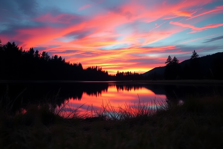 Generate an image of a serene landscape at sunset with vibrant colors and a calm lake reflecting the sky, using a DSLR camera, 50mm lens, aperture f/1.8, ISO 100, and shutter speed 1/200s, shot from a low angle to emphasize the foreground.
