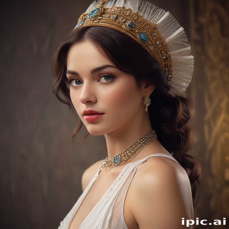 Elegant Portrait of a Young Woman Wearing a Regal Crown and Jewelry