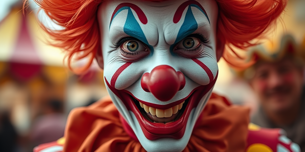 A vibrant close-up of a clown with exaggerated makeup and an intense smile, captured with a Canon EOS R5, 50mm f/1.2 lens, ISO 100, aperture f/2.8, natural lighting, shallow depth of field, emphasizing the clown's features against a blurred carnival background.