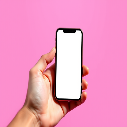 A hand holding a smartphone with a blank screen, vibrant pop art style, with a solid bright background, shot with a DSLR camera, 50mm lens at f/2.8, ISO 200, 1/250 sec, natural lighting to enhance color vibrancy.