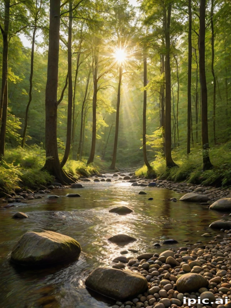 Create an image of a serene, sunlit forest scene with a clear, gently flowing river. Tall trees with lush green foliage line both sides of the river, their leaves bathed in the warm golden light of the setting or rising sun. The sunlight filters through the trees, casting soft, dappled light on the river, which flows over smooth rocks and pebbles, creating a peaceful, natural atmosphere. The sky is bright with a few scattered clouds, and the overall mood is tranquil, evoking a deep sense of connection with nature. The image captures the beauty of a calm, pristine forest landscape at either dawn or dusk.