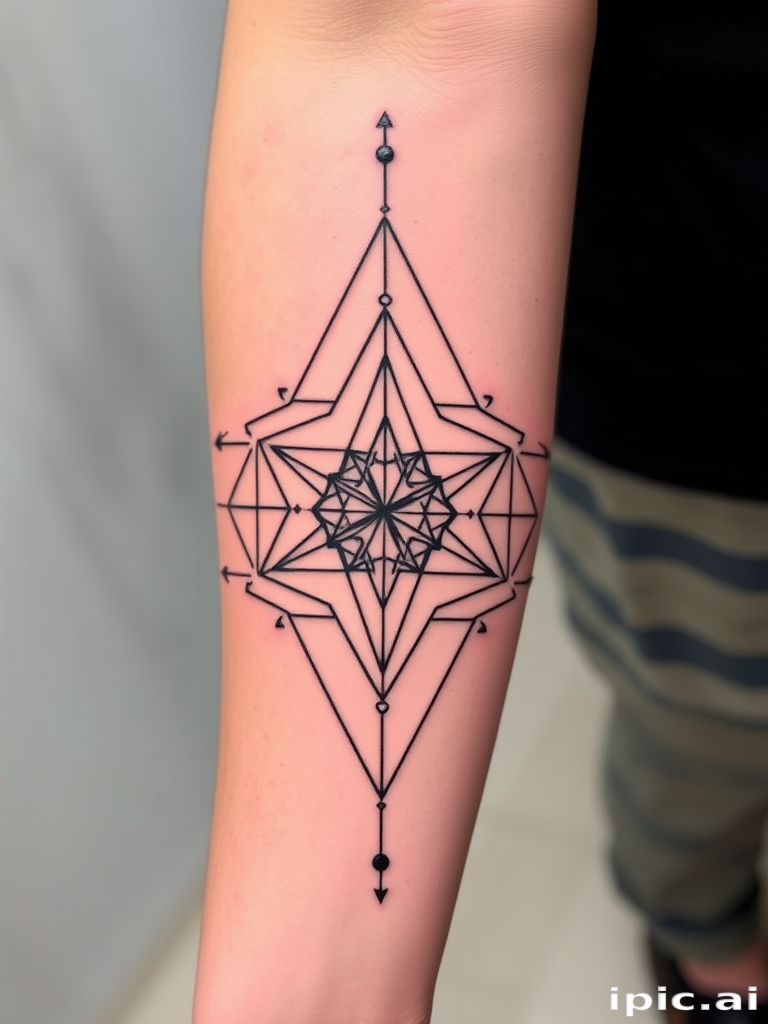 Abstract geometric tattoo titled "Sacred Symmetry" incorporating precise shapes and lines to form a balanced composition inspired by sacred geometry and architectural elements