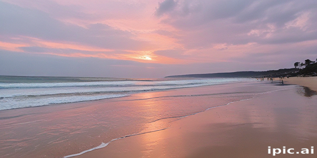 Serene Sunset Over Tranquil Beach with Gentle Waves and Soft Colors