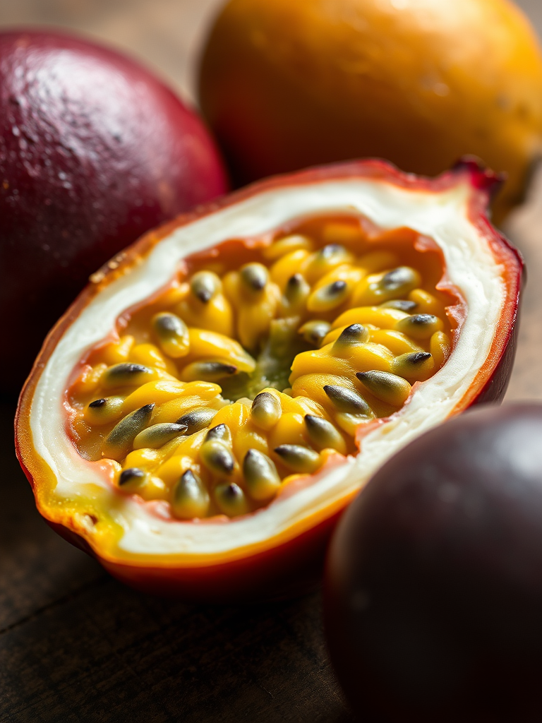realistic depiction of a passion fruit sliced in half with detailed seeds and a whole passion fruit beside it, macro lens, f/2.8 aperture, 50mm lens, soft natural lighting