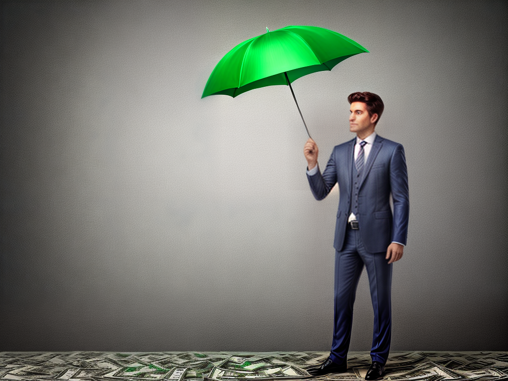 man standing and money raining all over
