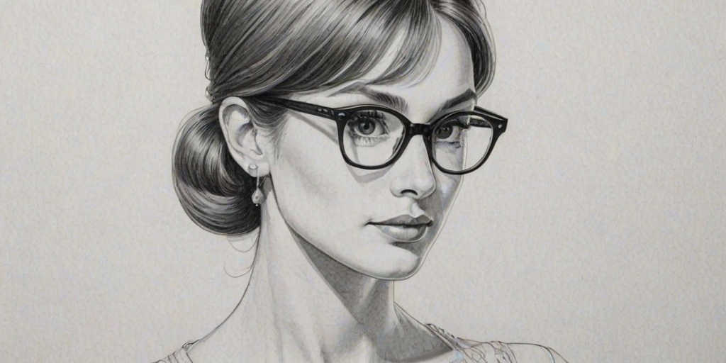 Graceful Audrey Plaza, pencil sketch, portrait of Graceful woman 1971s in glasses, hair style beatnik, outline, clear lines, fine lines, 8k