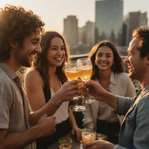Blurry candid shot of a group of friends laughing and toasting drinks at a rooftop bar, soft golden light from the setting sun casting long shadows, with a vibrant city skyline barely visible in the background.