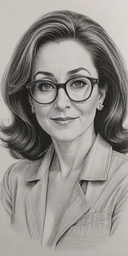 Radiant Patricia Heaton, pencil sketch, portrait of Magnificent woman 1959s in glasses, hair style beatnik, outline, clear lines, fine lines, 8k